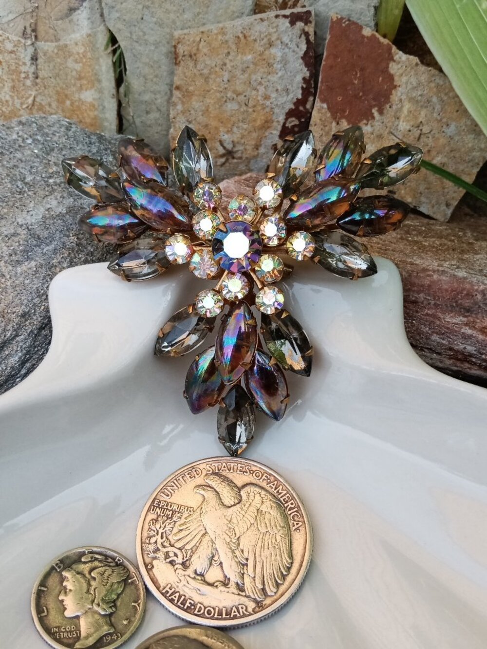 Circa 1940's Aurora Borealis Rhinestone Brooch